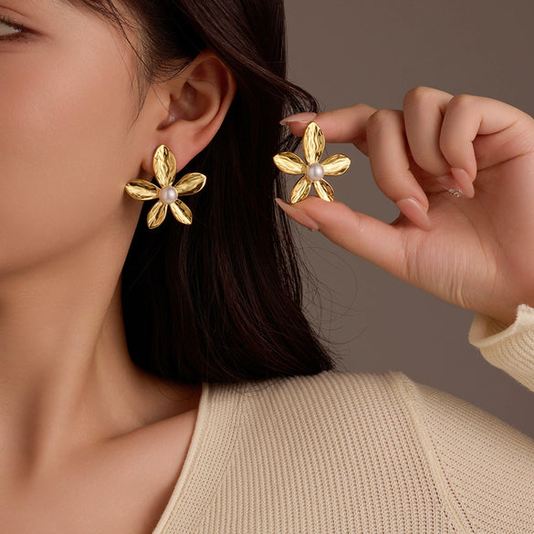 Stainless Steel Petal Texture Pearl Fashion Titanium Steel Earrings Jewelry Electroplated