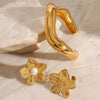 Stainless Steel Plain Open Bracelet With Pearl Flower Ring Electroplated Titanium Steel Jewelry