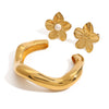Stainless Steel Plain Open Bracelet With Pearl Flower Ring Electroplated Titanium Steel Jewelry