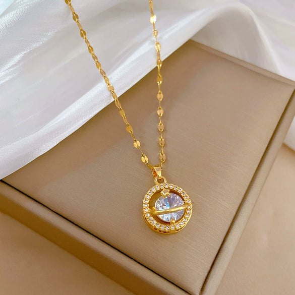 Stainless Steel Planet Geometric Cartoon Style Microencrusted Diamond Necklace For Women