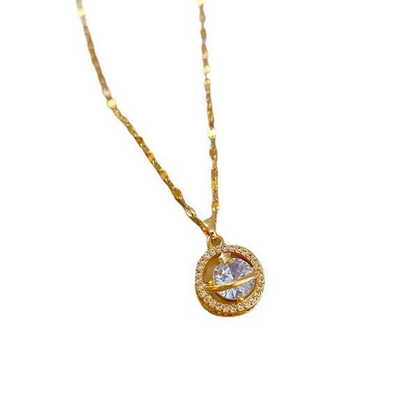 Stainless Steel Planet Geometric Cartoon Style Microencrusted Diamond Necklace For Women
