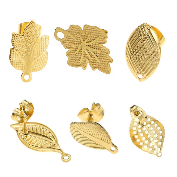 Stainless Steel Plant Flowers Style Leaf With Ring Round Bead Earring Accessories Vacuum Gold Plated Handmade