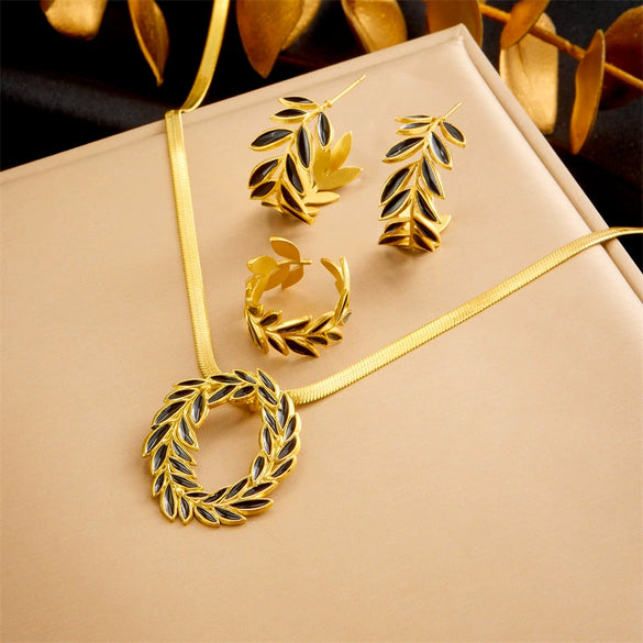 Stainless Steel Plants And Flowers Style Gold Plated Jewelry Set For Women Earrings Necklace