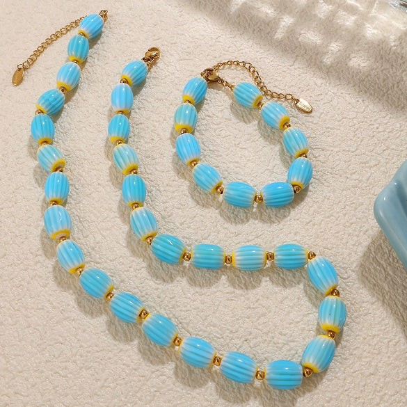 Stainless Steel Plated 18K Gold Ceramic Bead Necklace Bracelet For Women Fashion Style Electroplating