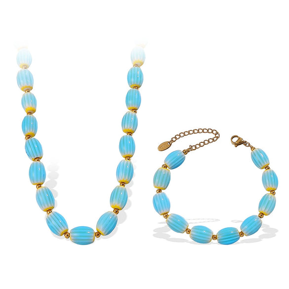 Stainless Steel Plated 18K Gold Ceramic Bead Necklace Bracelet For Women Fashion Style Electroplating