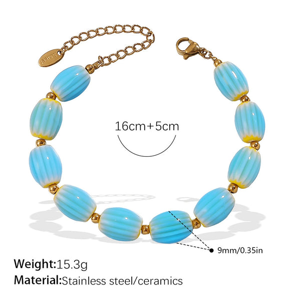 Stainless Steel Plated 18K Gold Ceramic Bead Necklace Bracelet For Women Fashion Style Electroplating