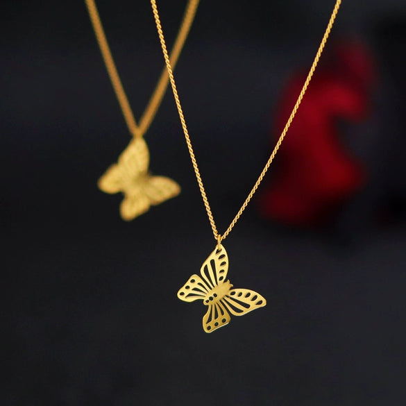 Stainless Steel Plated 18K Gold Hollowout Butterfly Bow Pendant Necklace For Women