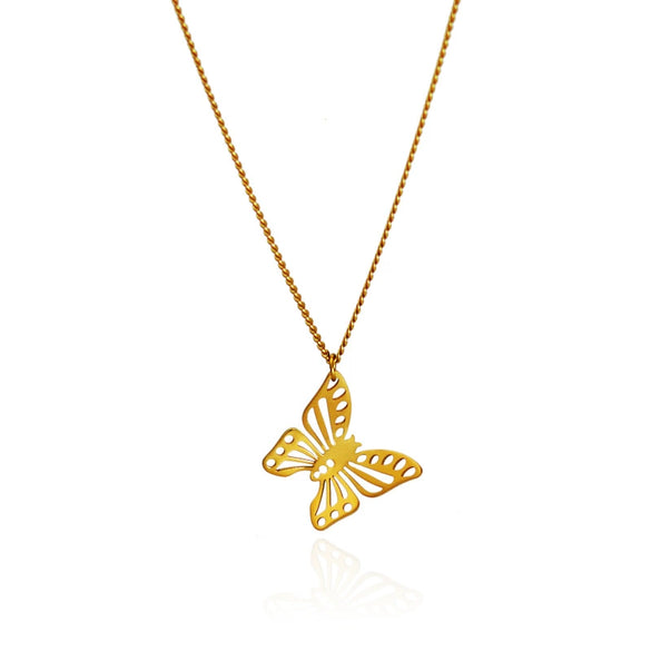 Stainless Steel Plated 18K Gold Hollowout Butterfly Bow Pendant Necklace For Women