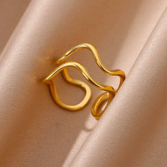 Stainless Steel Pleated Geometric Open Ring For Women Electroplated