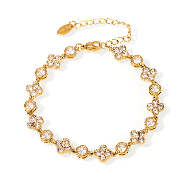 Stainless Steel Plum Blossom Round Hand Assembled Zircon Bracelet Plated With 18K Real Gold For Women