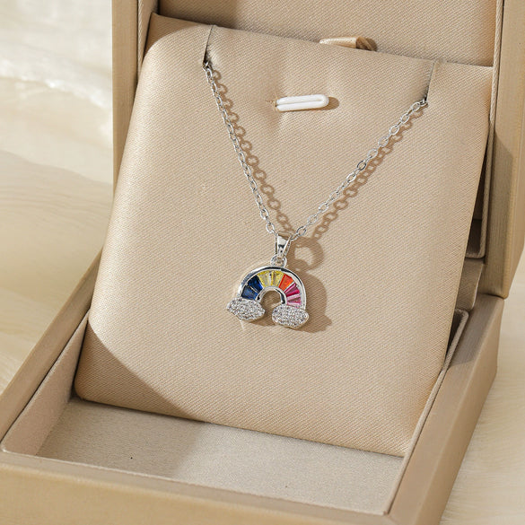Stainless Steel Rainbow Plated Necklace With Mixed Gemstone Setting Cloud Pendant And O Word Chain