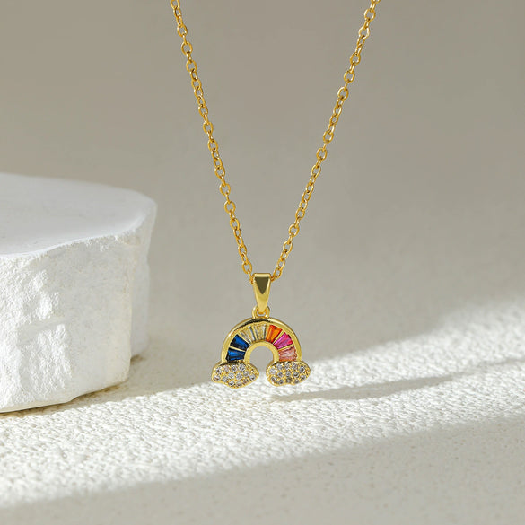 Stainless Steel Rainbow Plated Necklace With Mixed Gemstone Setting Cloud Pendant And O Word Chain