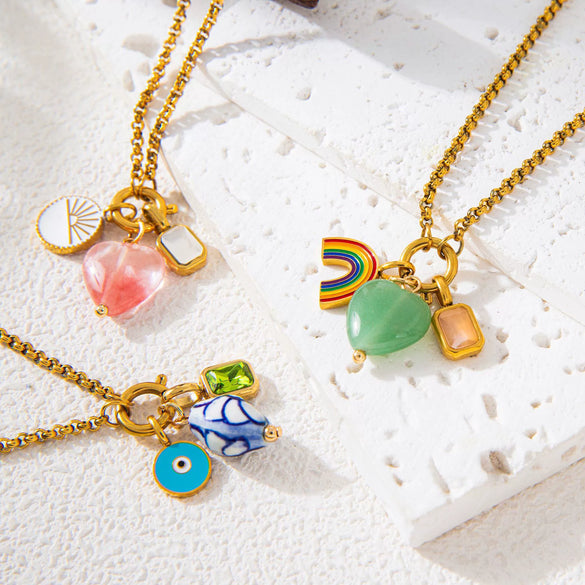 Stainless Steel Rainbow Zircon Love Pendant Necklace With Electroplating