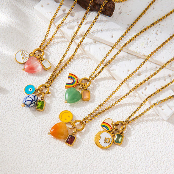 Stainless Steel Rainbow Zircon Love Pendant Necklace With Electroplating