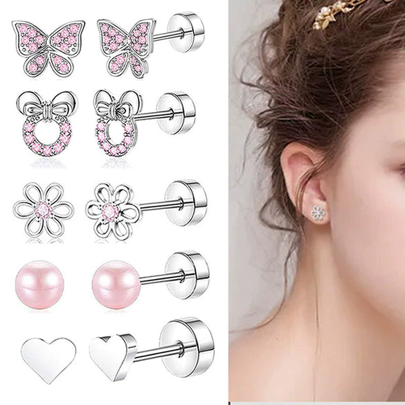 Stainless Steel Real Gold Electroplated Cartoon Heart Shape Zircon Inlaid Earrings Set