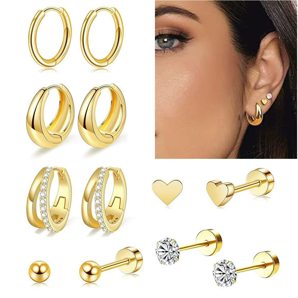 Stainless Steel Real Gold Electroplated Cartoon Heart Shape Zircon Inlaid Earrings Set