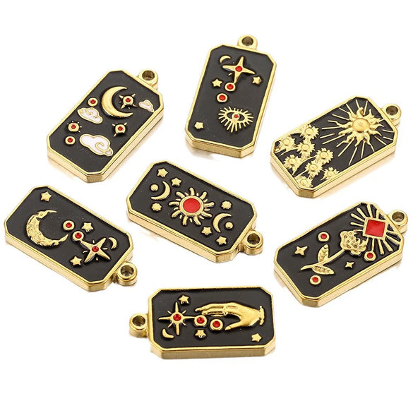 Stainless Steel Rectangular Tarot Card Starry Sky Fish Pattern Pendant Titanium Steel Enamel Palm Moon Tag Cartoon Style Diy Earrings Electroplated