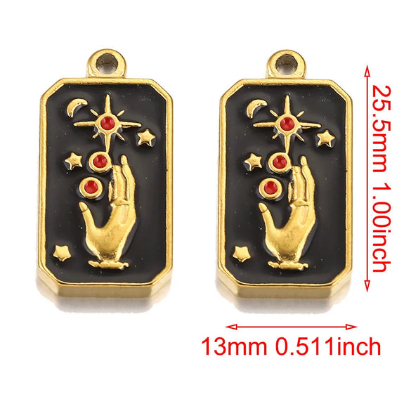 Stainless Steel Rectangular Tarot Card Starry Sky Fish Pattern Pendant Titanium Steel Enamel Palm Moon Tag Cartoon Style Diy Earrings Electroplated