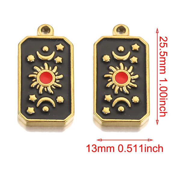 Stainless Steel Rectangular Tarot Card Starry Sky Fish Pattern Pendant Titanium Steel Enamel Palm Moon Tag Cartoon Style Diy Earrings Electroplated