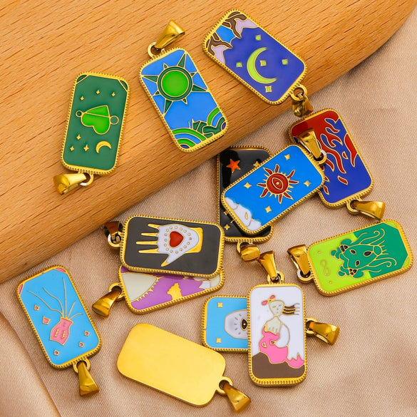 Stainless Steel Rectangular Tarot Starry Sky Pendant With Vacuum Plated And Dripping Oil Process Diy Necklace