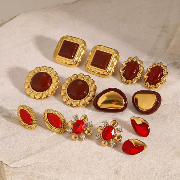 Stainless Steel Red Agate Zircon Geometric Earrings With Electroplating For Women