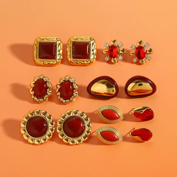Stainless Steel Red Agate Zircon Geometric Earrings With Electroplating For Women