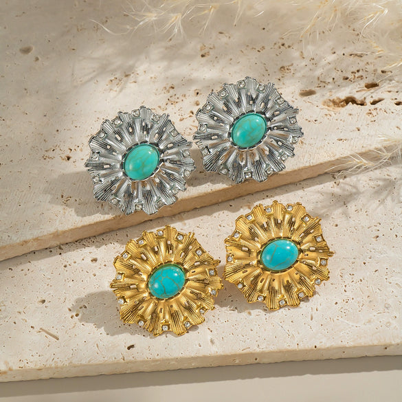 Stainless Steel Retro Flower Earrings For Women With Electroplating Design