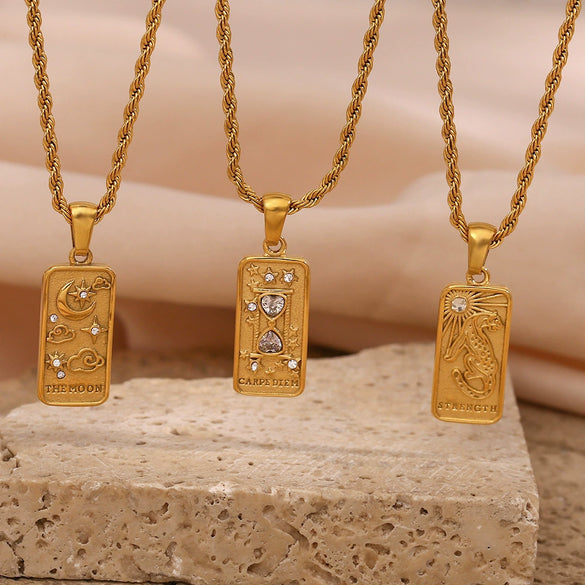 Stainless Steel Retro Geometric Tarot Card Square Pendant Necklace With Furnace Electroplated 18K Gold Twist Chain