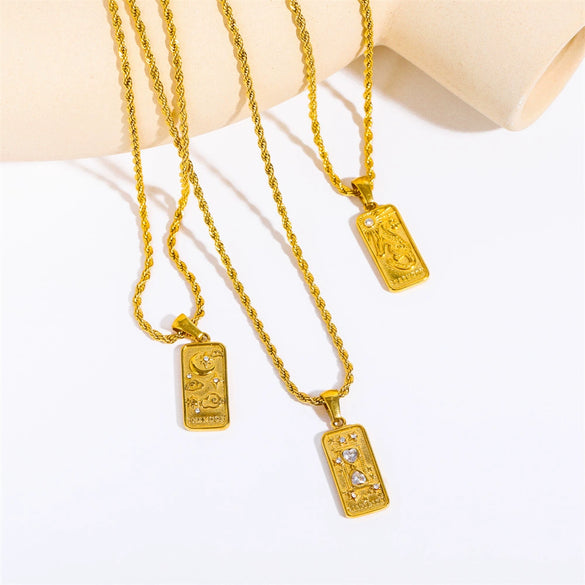 Stainless Steel Retro Geometric Tarot Card Square Pendant Necklace With Furnace Electroplated 18K Gold Twist Chain