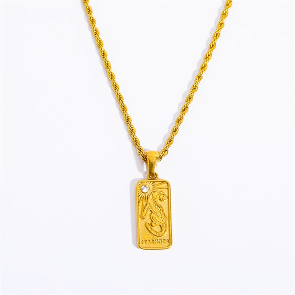 Stainless Steel Retro Geometric Tarot Card Square Pendant Necklace With Furnace Electroplated 18K Gold Twist Chain