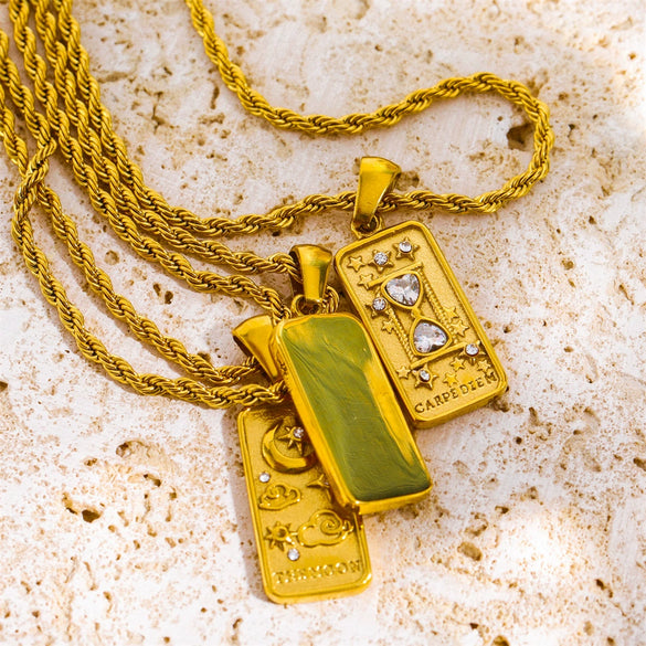 Stainless Steel Retro Geometric Tarot Card Square Pendant Necklace With Furnace Electroplated 18K Gold Twist Chain