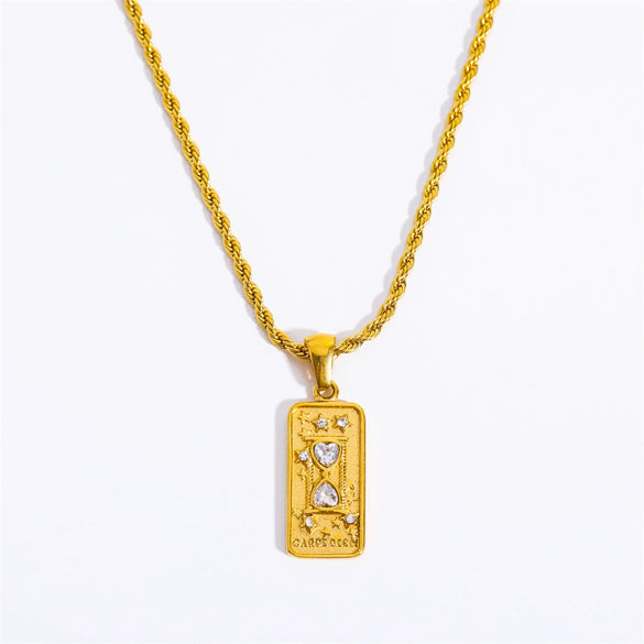 Stainless Steel Retro Geometric Tarot Card Square Pendant Necklace With Furnace Electroplated 18K Gold Twist Chain