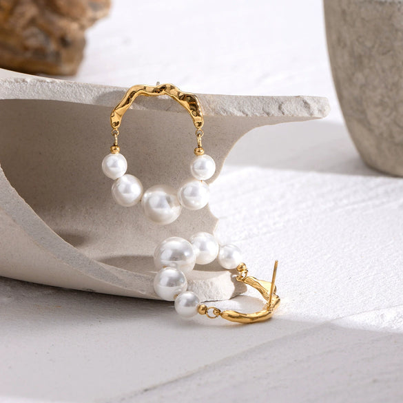 Stainless Steel Retro Pearl Geometric Earrings With Electroplating For Women