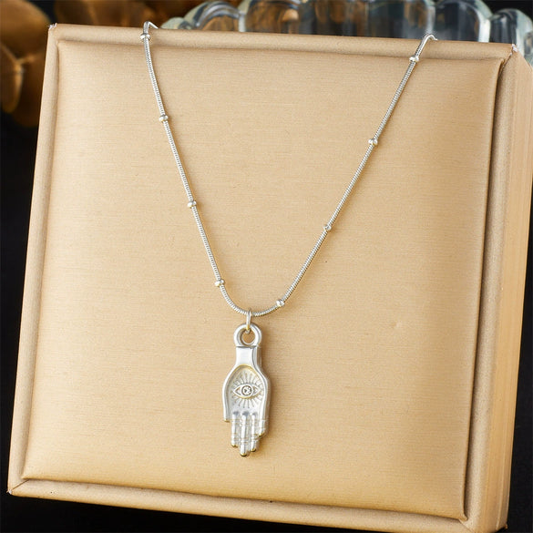 Stainless Steel Retro Personality Devil's Eye Palm Pendant Jewelry Necklace With Bamboo Chain And Electroplating