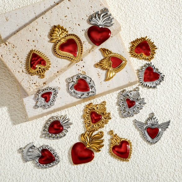 Stainless Steel Retro Style Heart Pendant Oil Dripping Electroplating Craft Bracelet Necklace Diy Accessories