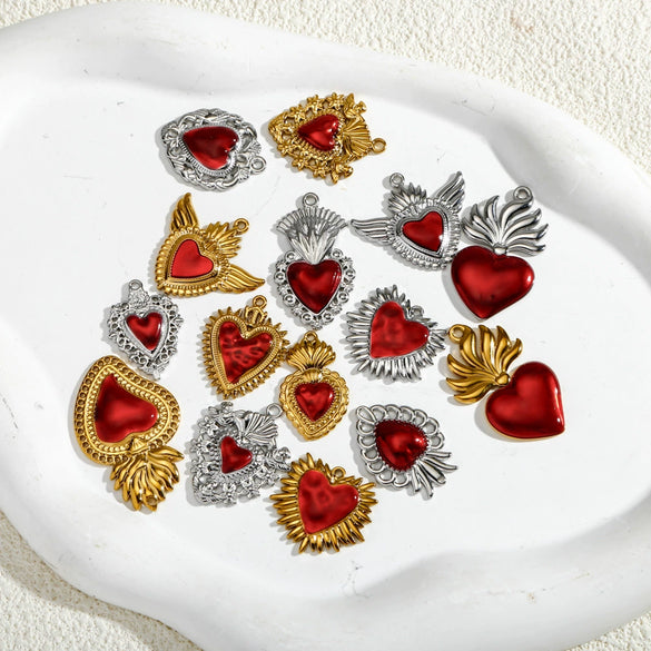 Stainless Steel Retro Style Heart Pendant Oil Dripping Electroplating Craft Bracelet Necklace Diy Accessories