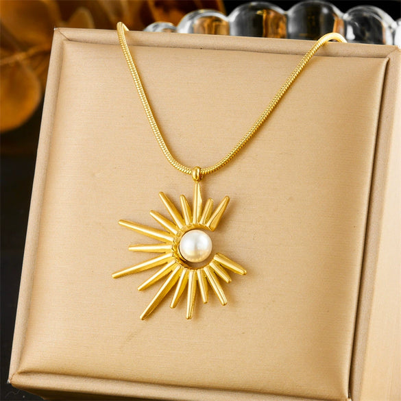 Stainless Steel Retro Sunflower Pearl Threepiece Set Of Necklace Earrings And Ring With Electroplating