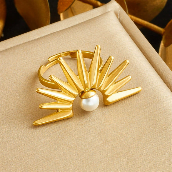 Stainless Steel Retro Sunflower Pearl Threepiece Set Of Necklace Earrings And Ring With Electroplating