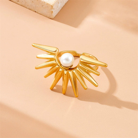 Stainless Steel Retro Sunflower Pearl Threepiece Set Of Necklace Earrings And Ring With Electroplating