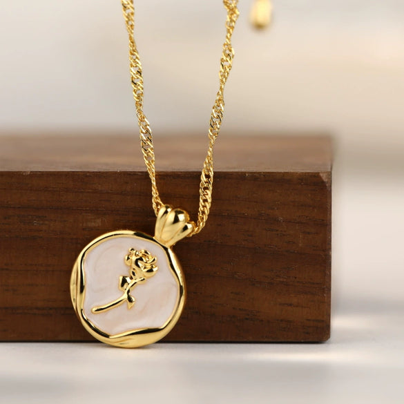 Stainless Steel Retro Vintage Rose Round Pendant Necklace With Dripping Glaze Tulip Flower Pattern