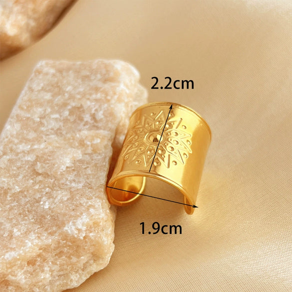 Stainless Steel Retro Wide Face Heart Opening Couple Ring 18K Gold Plated Geometric Design