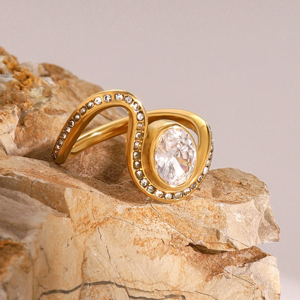 Stainless Steel Rhinestone Irregular Wave Geometric Ring Electroplated For Women