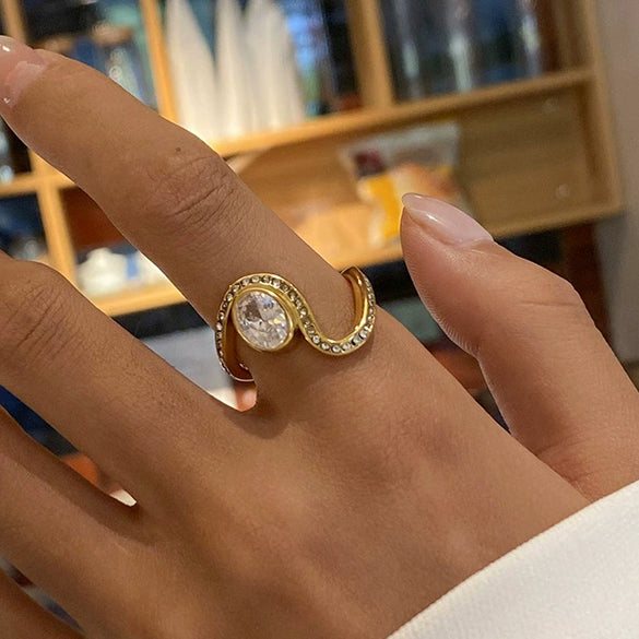 Stainless Steel Rhinestone Irregular Wave Geometric Ring Electroplated For Women