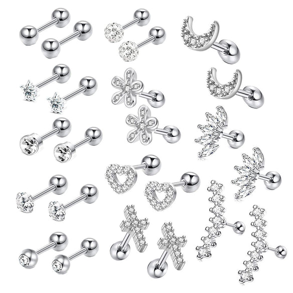 Stainless Steel Rhombus Threaded Piercing Ear Bone Nail Cartilage Earrings Set