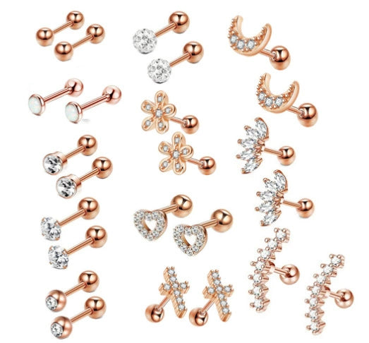 Stainless Steel Rhombus Threaded Piercing Ear Bone Nail Cartilage Earrings Set