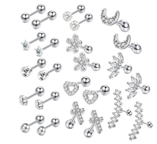 Stainless Steel Rhombus Threaded Piercing Ear Bone Nail Cartilage Earrings Set