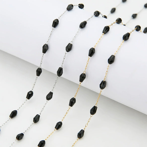 Stainless Steel Rice Bead Chain Black Crystal Multi Sided Beaded Chain Electroplated Handmade