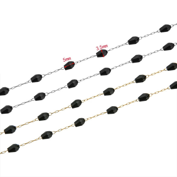 Stainless Steel Rice Bead Chain Black Crystal Multi Sided Beaded Chain Electroplated Handmade