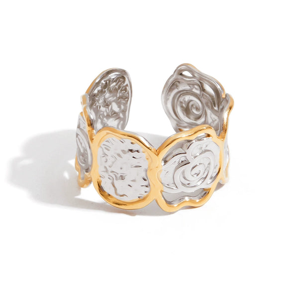 Stainless Steel Ring Geometric Pattern Electroplating Design Gold And Silver Color Matching Hammer Pattern Nonfading Hand Jewelry