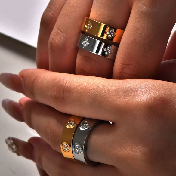 Stainless Steel Ring Geometric Pattern Real Gold Plated Women's